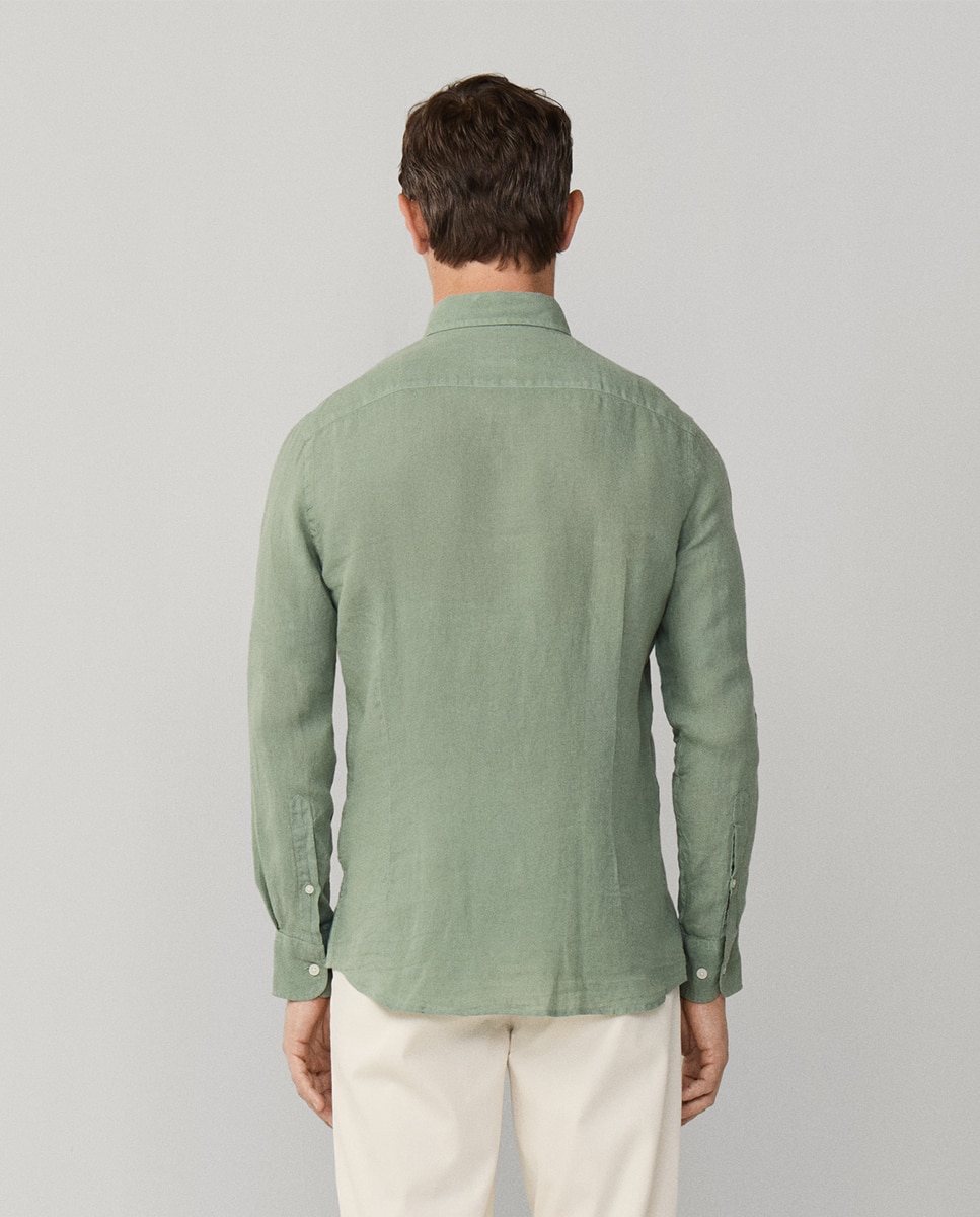 Camisa de Linho Lisa com Logótipo Bordado Verde pardo-2