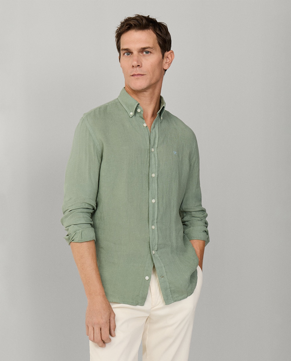Camisa de Linho Lisa com Logótipo Bordado Verde pardo-4