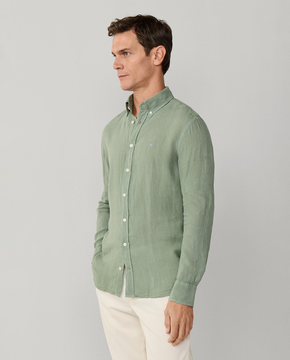 Camisa de Linho Lisa com Logótipo Bordado Verde pardo-5