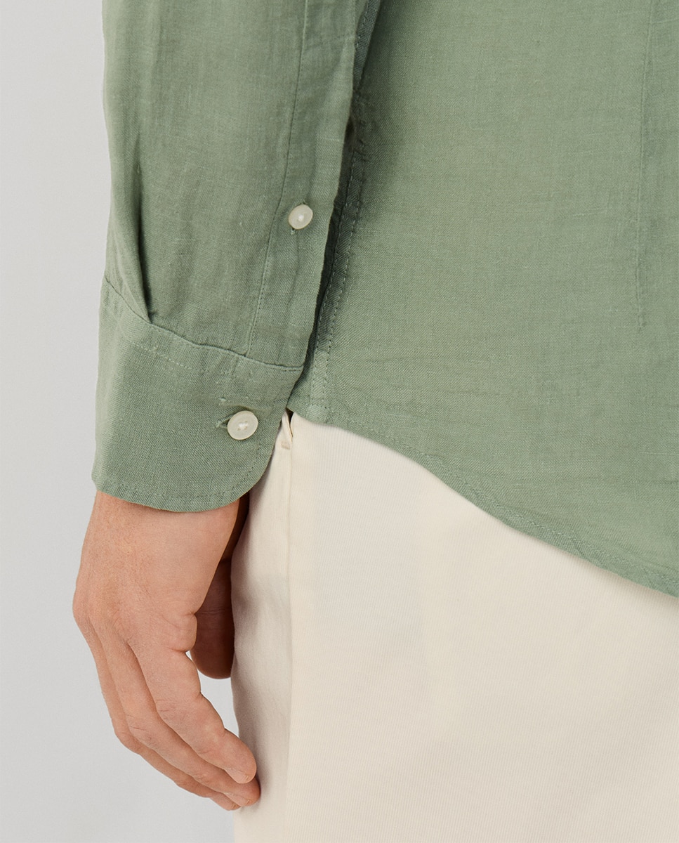 Camisa de Linho Lisa com Logótipo Bordado Verde pardo-6