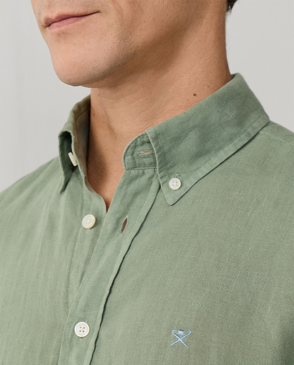 Camisa de Linho Lisa com Logótipo Bordado Verde pardo-7