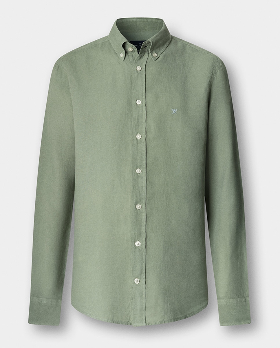 Camisa de Linho Lisa com Logótipo Bordado Verde pardo-8