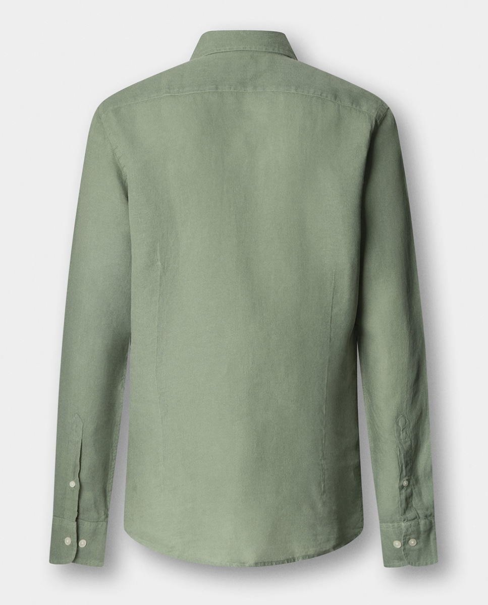 Camisa de Linho Lisa com Logótipo Bordado Verde pardo-9