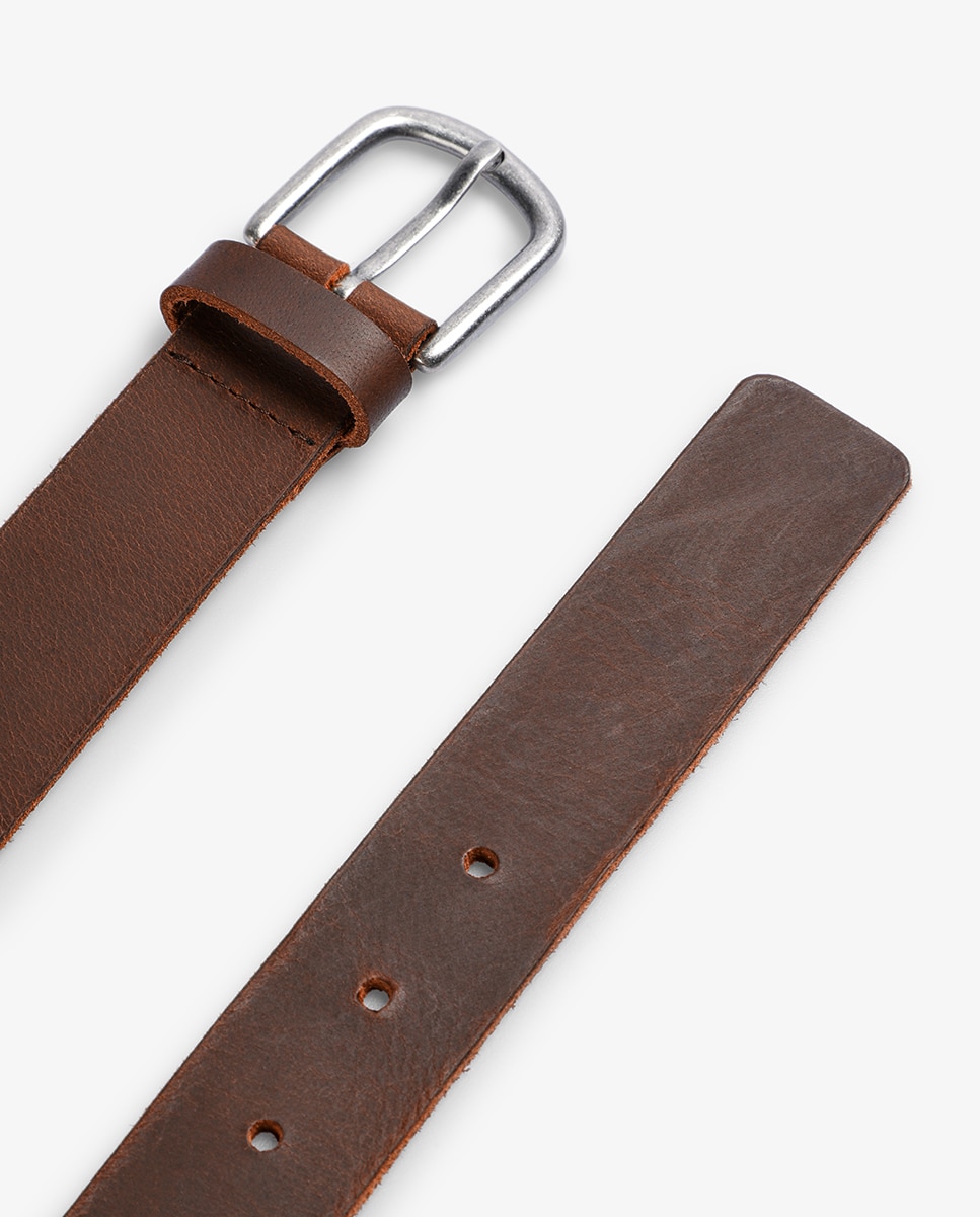 Cinto em Pele com Logótipos Gravados e Fivela de Metal Castanho-3
