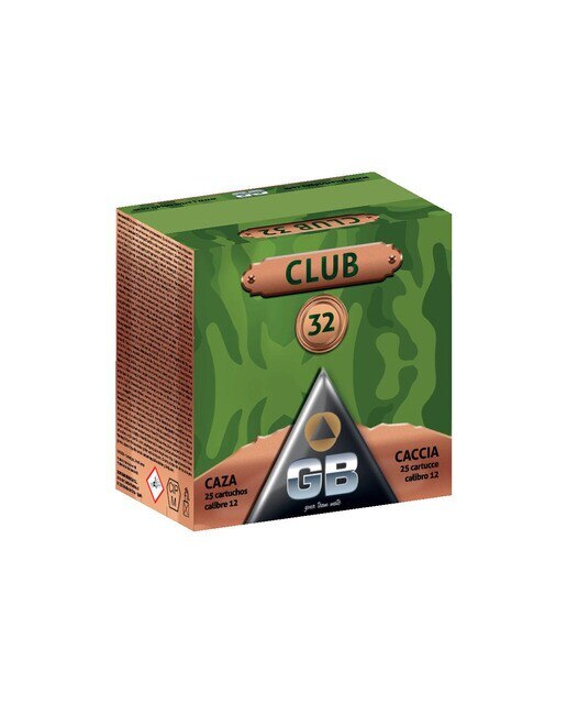Caja de 25 cartuchos de caza de marca GB, modelo CLUB, calibre 12/70, 32 gr, 10ª 1