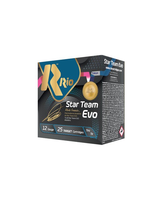 Caja de 25 cartuchos de tiro marca RIO, modelo STAR TEAM EVO, calibre 12/70, 24 gr, 8 2