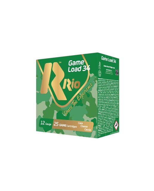 Caja de 25 cartuchos de CAZA marca RIO, modelo GAME LOAD 34, calibre 12/70, 34 gr, 7ª 2