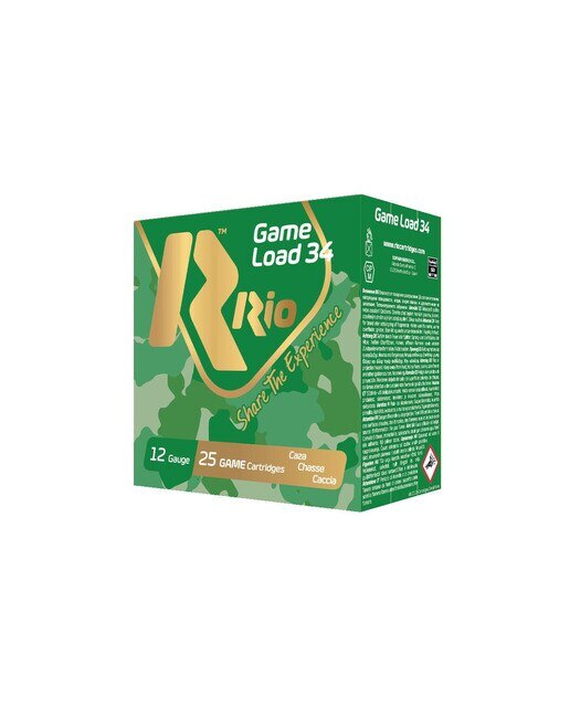 Caja de 25 cartuchos de CAZA marca RIO, modelo GAME LOAD 34, calibre 12/70, 34 gr, 8ª 2