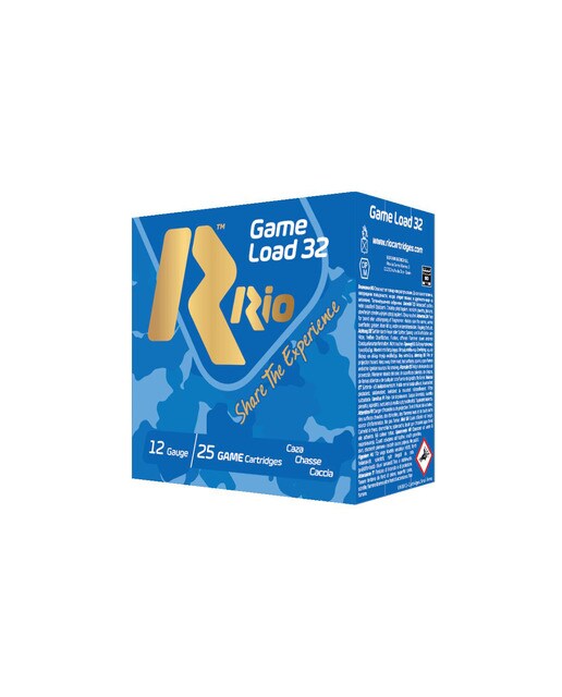 Caja de 25 cartuchos de CAZA marca RIO, modelo GAME LOAD 32, calibre 12/70, 32 gr, 10ª 2