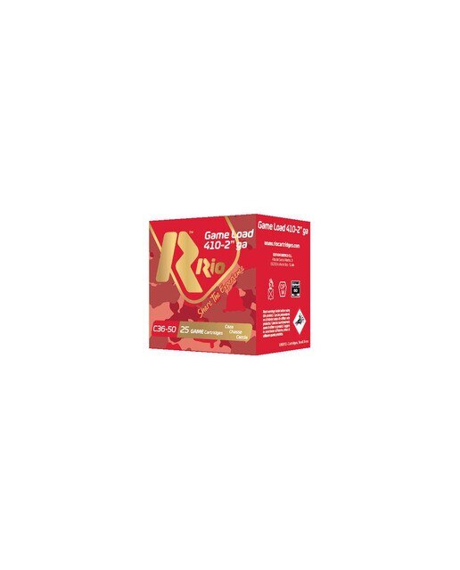 Caja de 25 cartuchos de CAZA marca RIO, modelo GAME LOAD C.36, calibre 36/50, 9 gr, 7ª 2