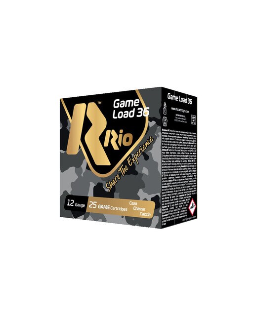 Caja de 25 cartuchos de CAZA marca RIO, modelo GAME LOAD 36, calibre 12/70, 36 gr, 7ª 2