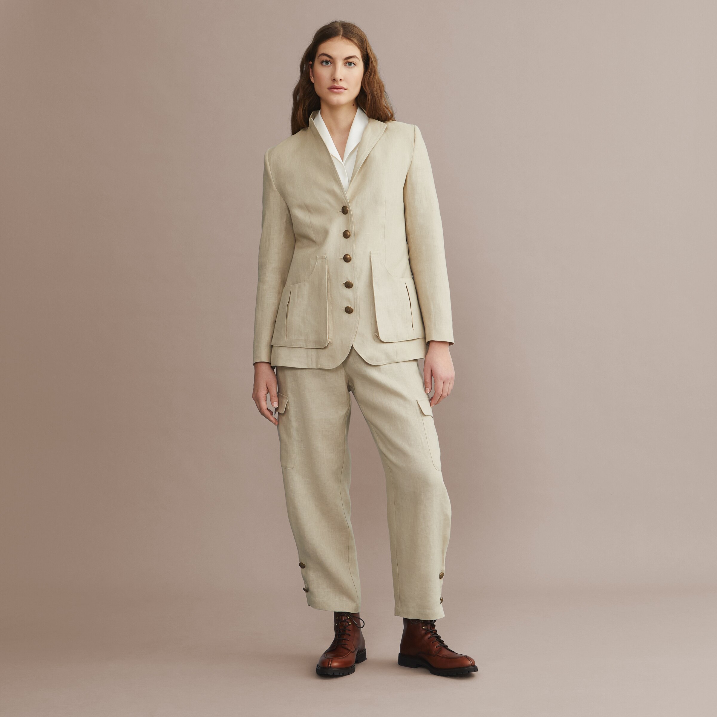 Chaqueta tiradora de lino mujer - Beige Beige-2