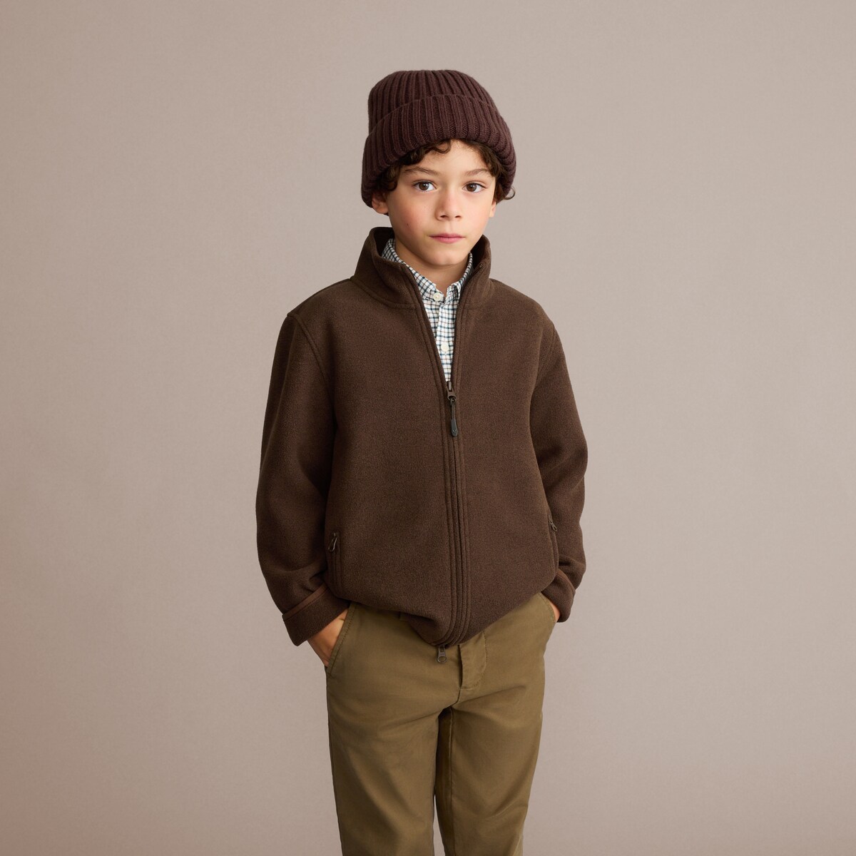 Blusão Básico de Menino com Forro Polar Castanho-2