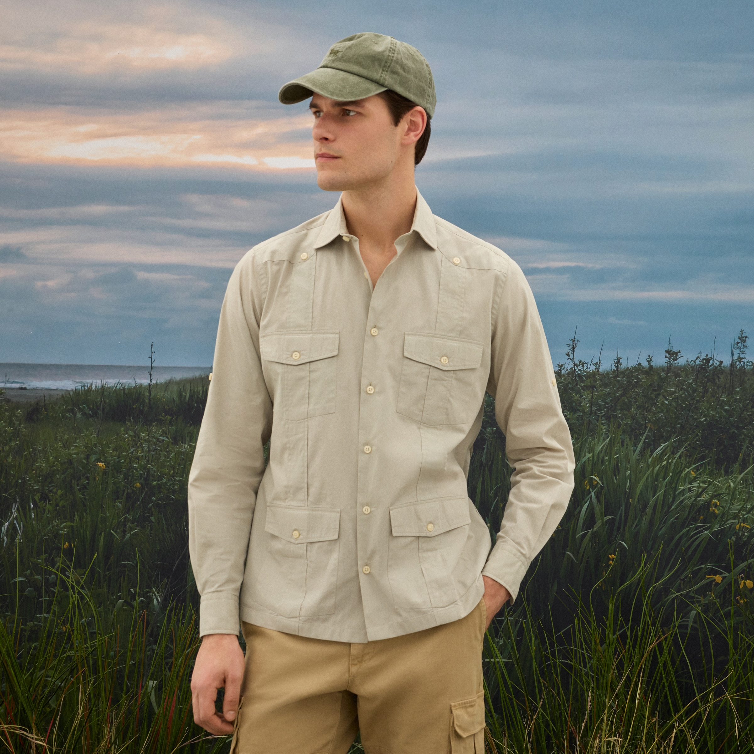 Camisa Guayabera de Algodão de Homem Bege-1