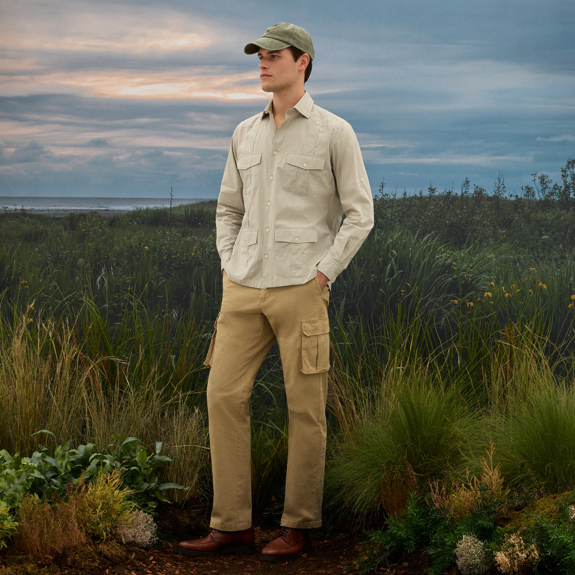 Camisa Guayabera de Algodão de Homem Bege-2