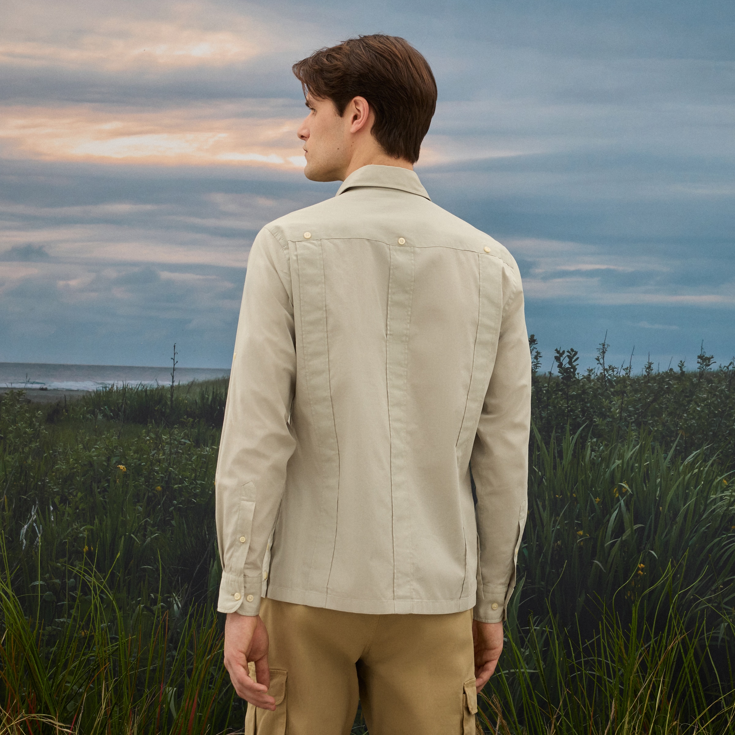 Camisa Guayabera de Algodão de Homem Bege-3
