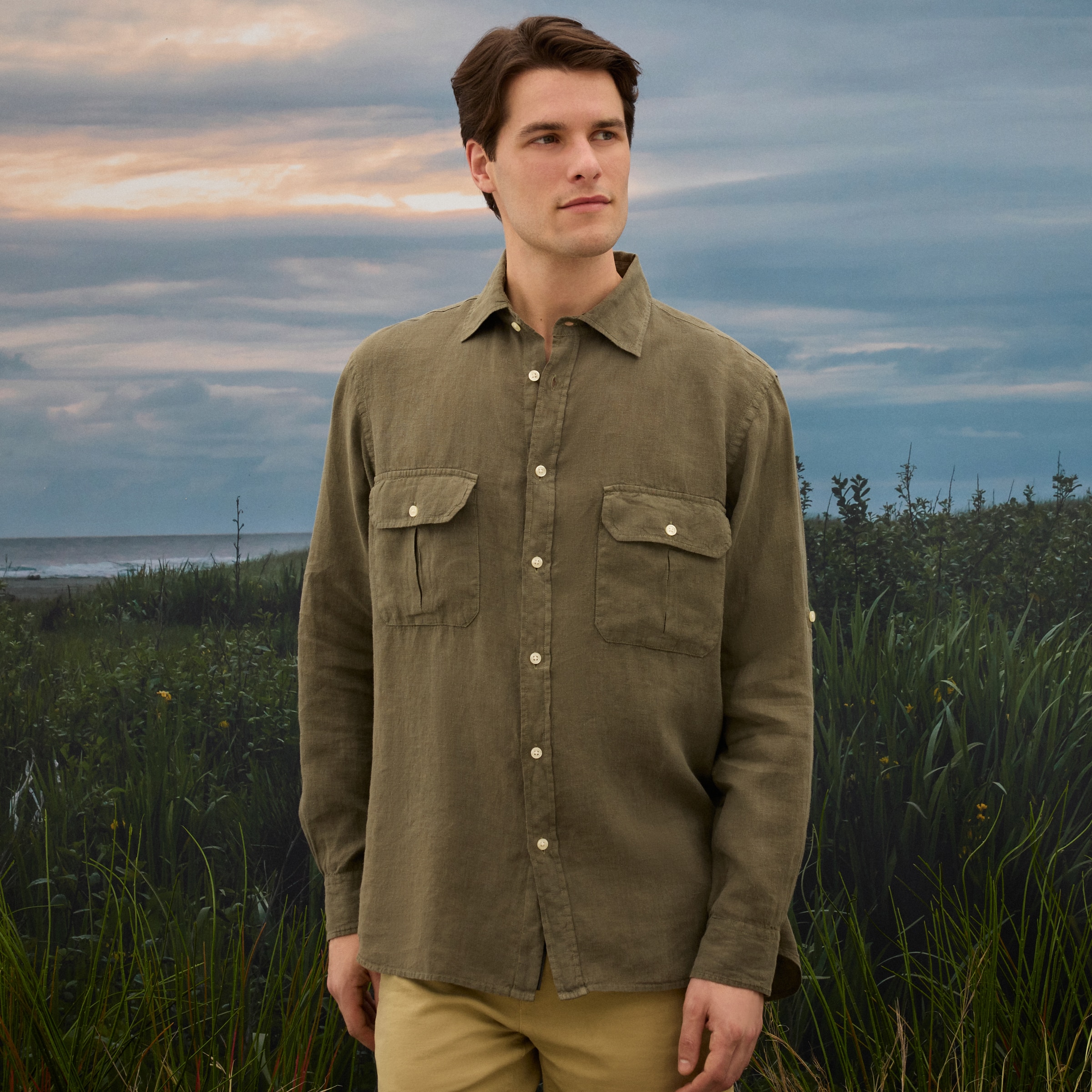 Camisa de Linho de Homem com Lavagem Verde-escuro-1