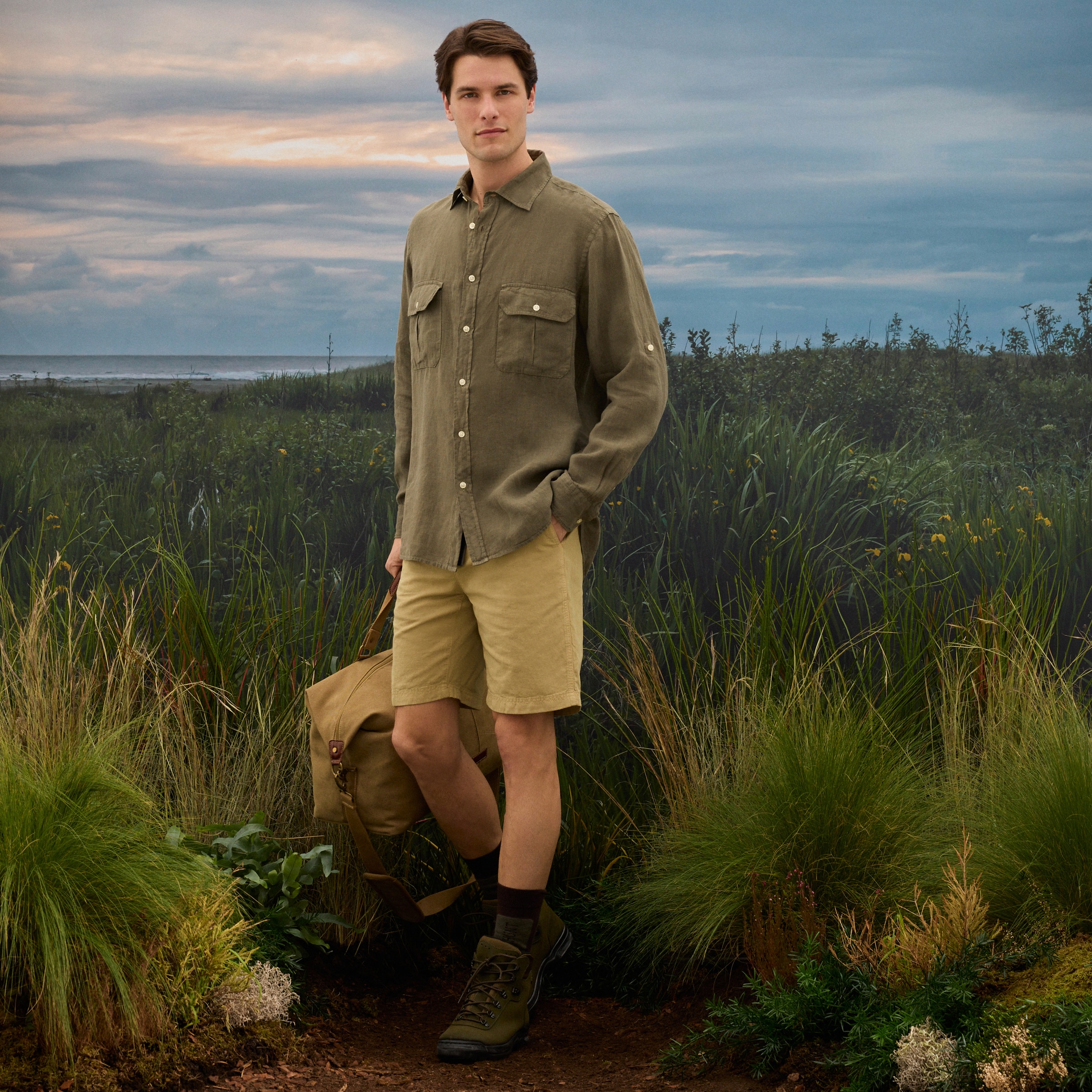 Camisa de Linho de Homem com Lavagem Verde-escuro-2