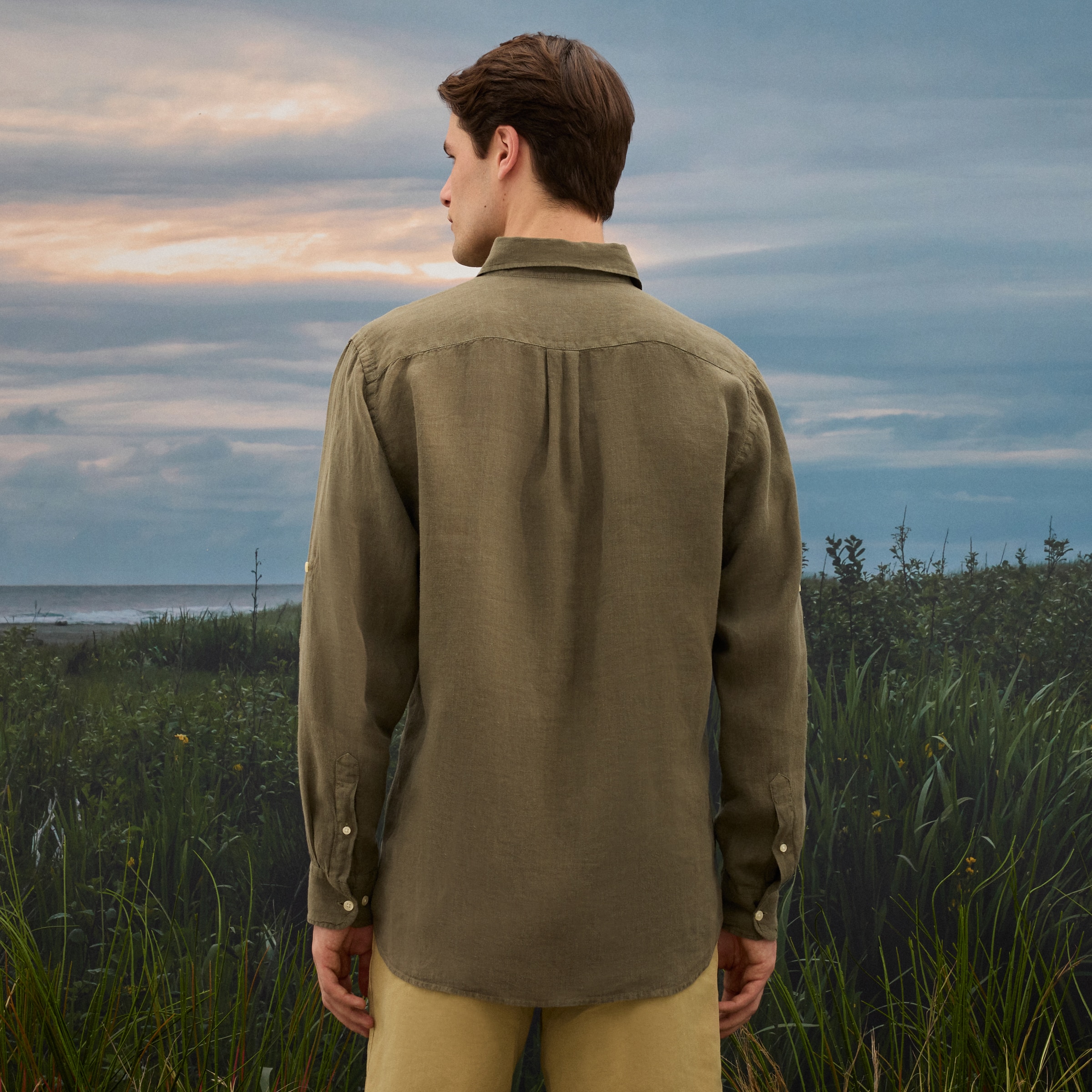 Camisa de Linho de Homem com Lavagem Verde-escuro-3