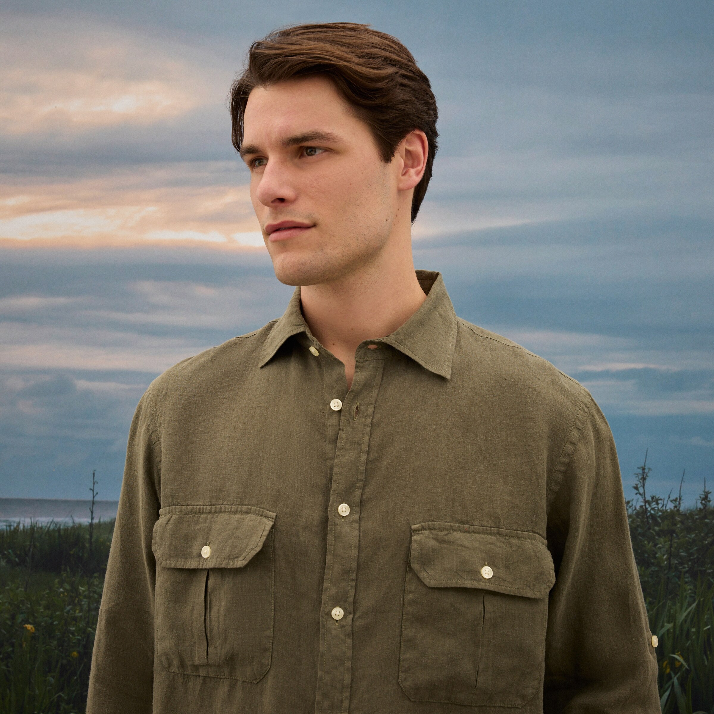 Camisa de Linho de Homem com Lavagem Verde-escuro-4
