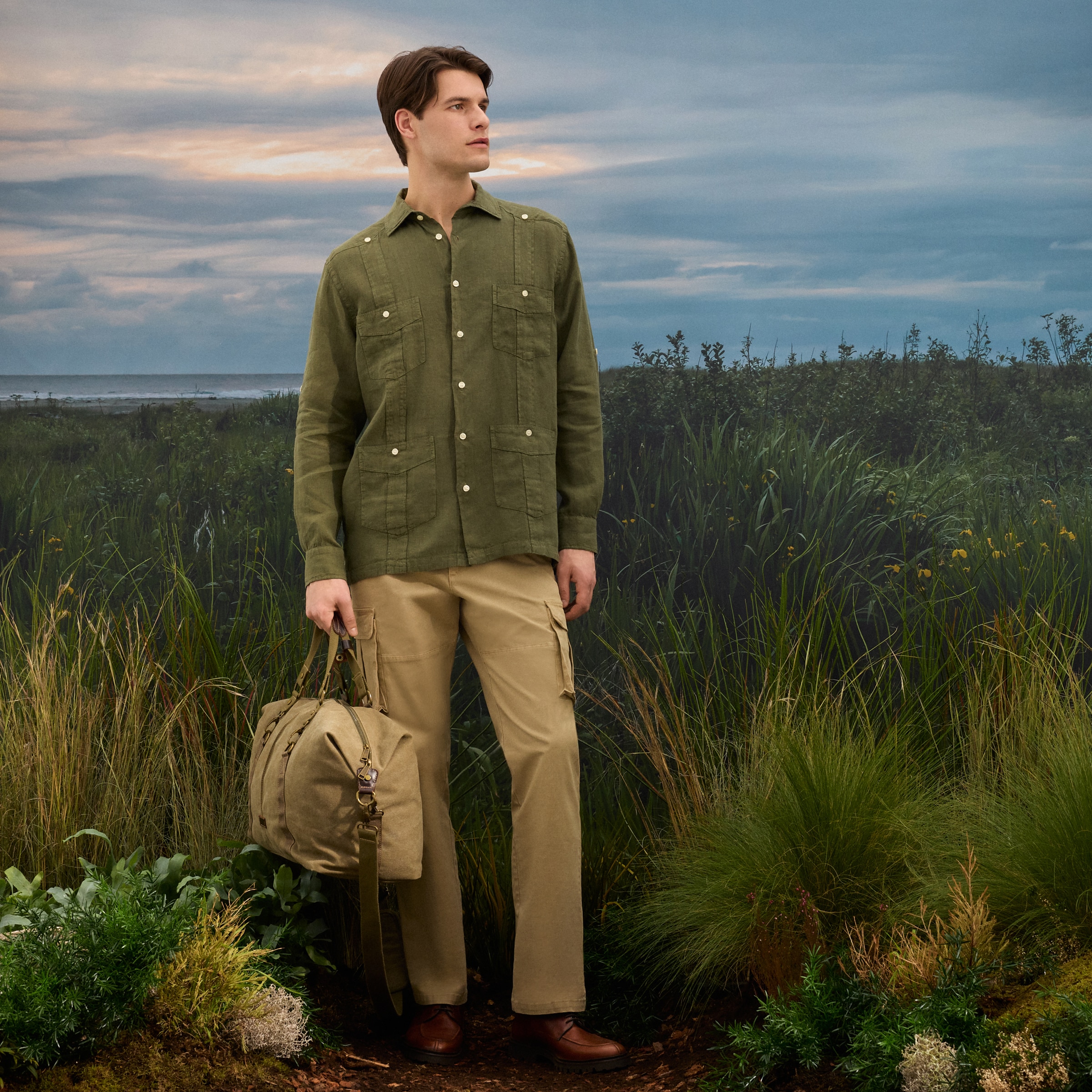 Camisa Guayabera de Linho de Homem com Lavagem Caqui-2