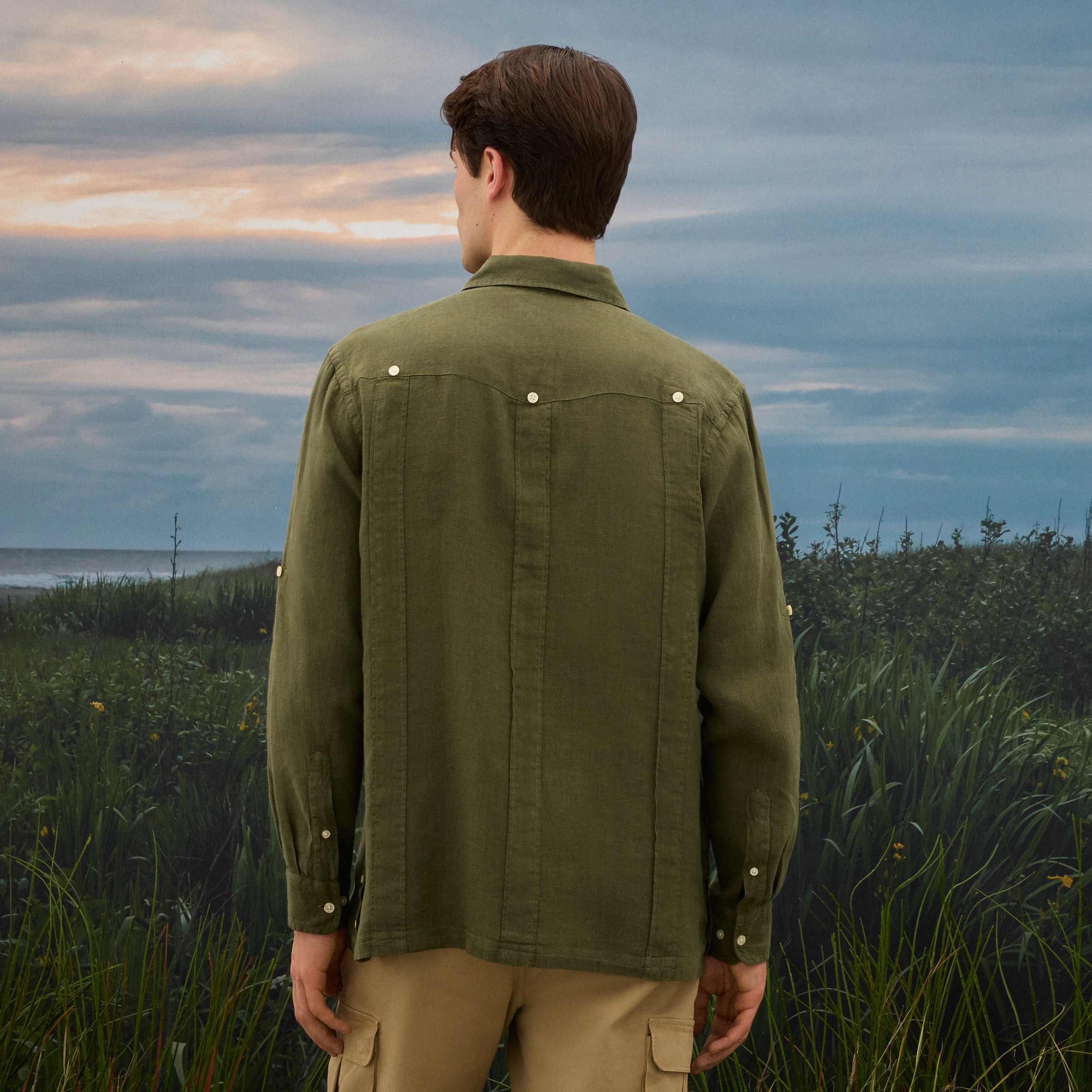 Camisa Guayabera de Linho de Homem com Lavagem Caqui-3