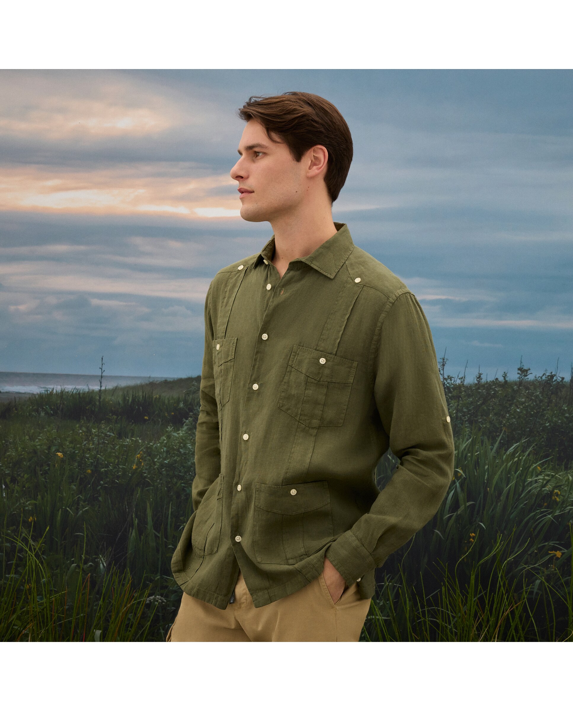 Camisa Guayabera de Linho de Homem com Lavagem Caqui-1