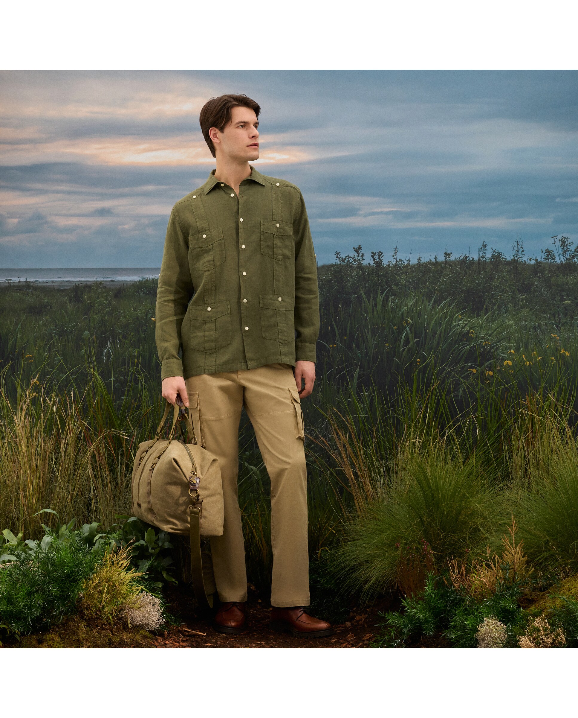 Camisa Guayabera de Linho de Homem com Lavagem Caqui-2