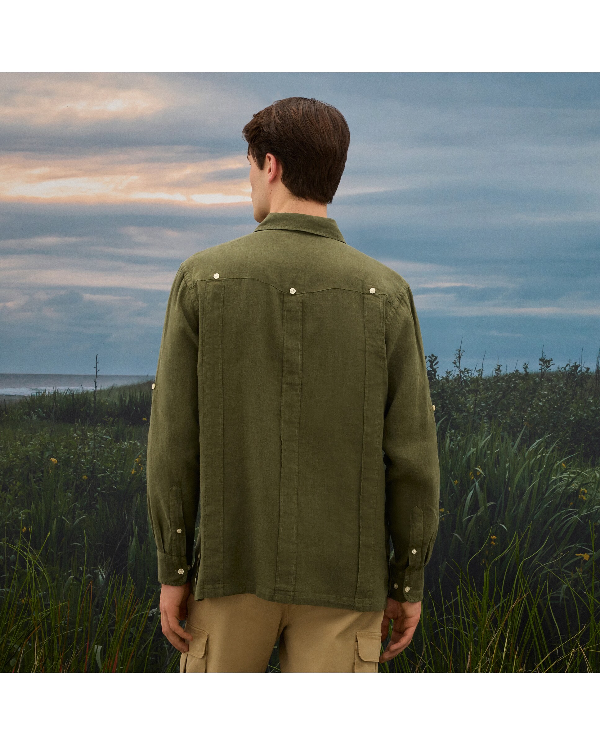 Camisa Guayabera de Linho de Homem com Lavagem Caqui-3