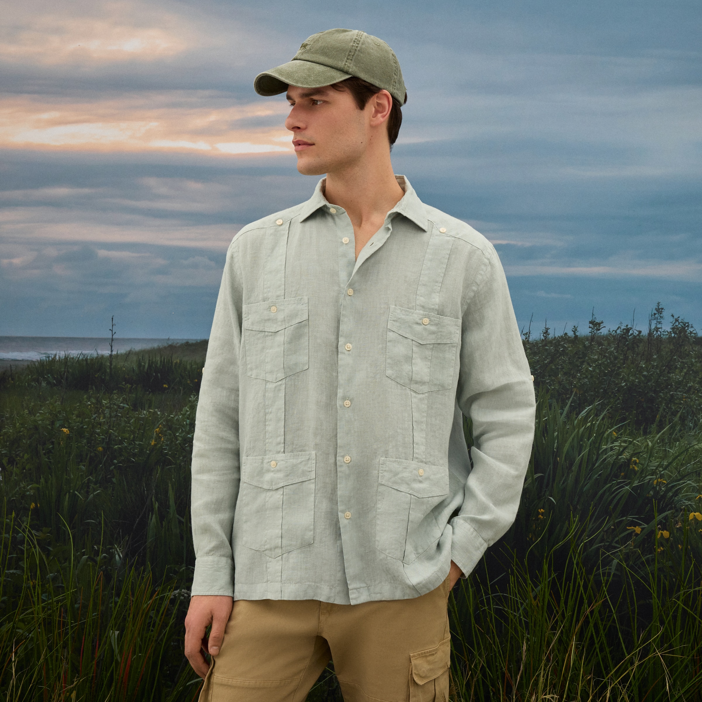 Camisa Guayabera de Linho de Homem com Lavagem Bege-1