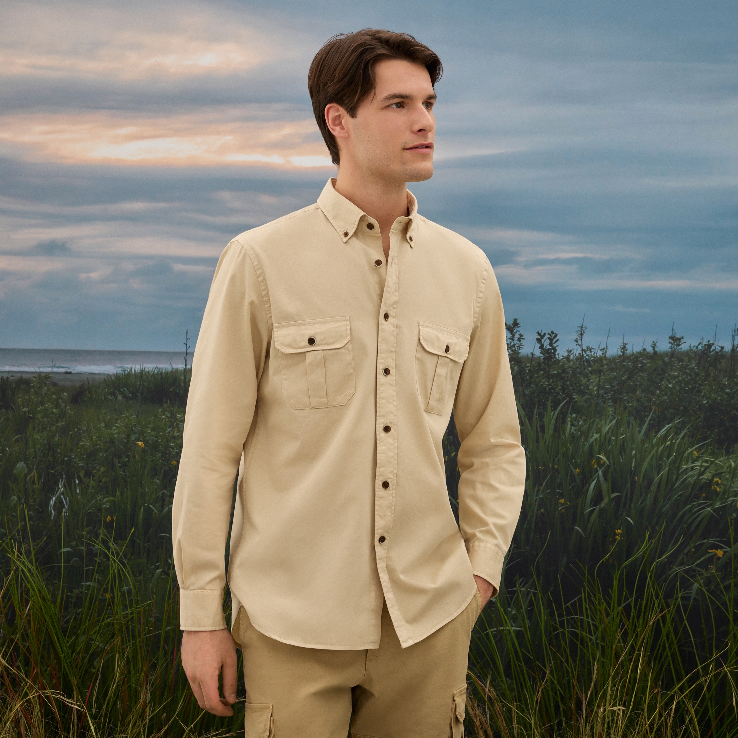 Camisa Estilo Safari de Homem Castanho-4