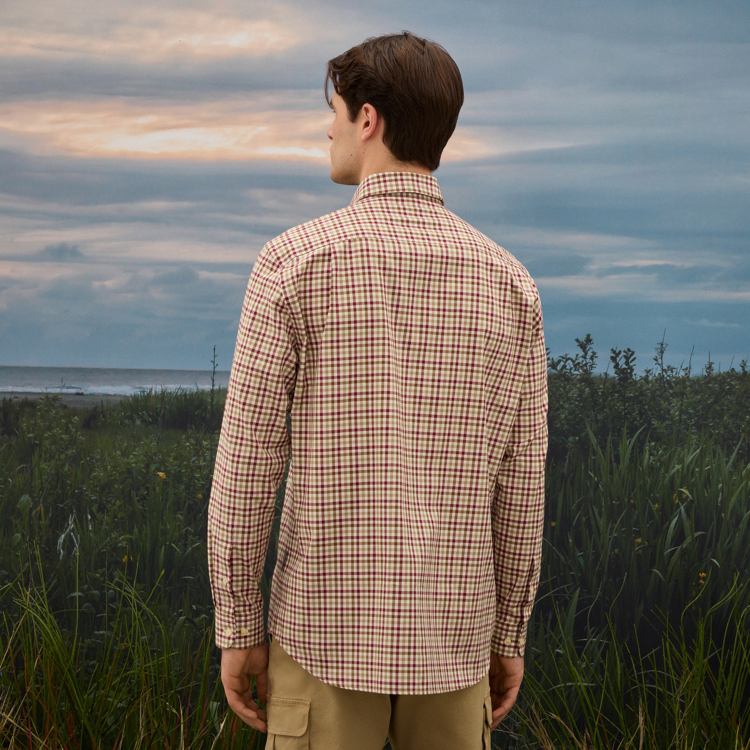 Camisa aos Quadrados Média Botton Down de Homem Grená-3