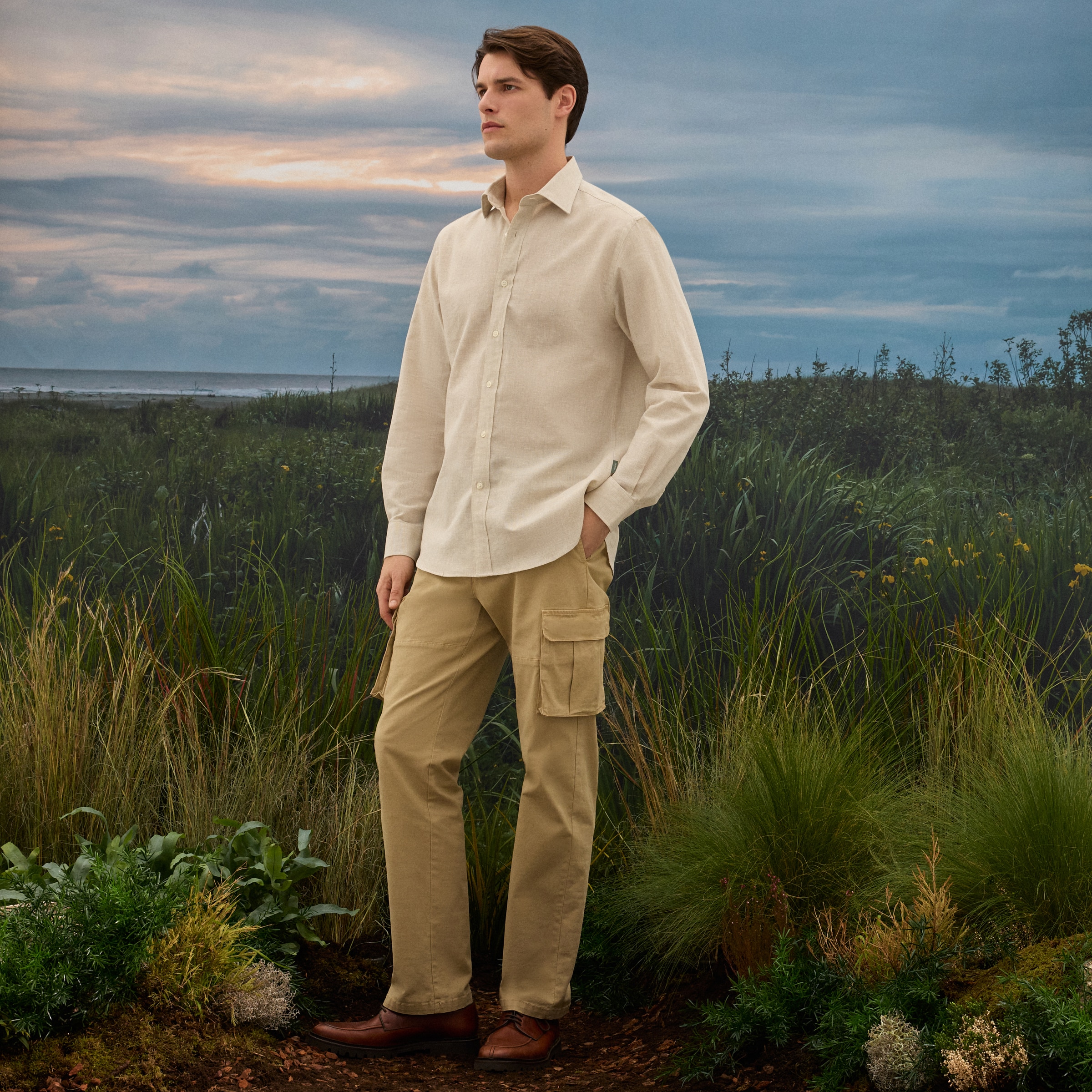 Camisa de Linho de Homem com Pied-de-Poule Bege-2