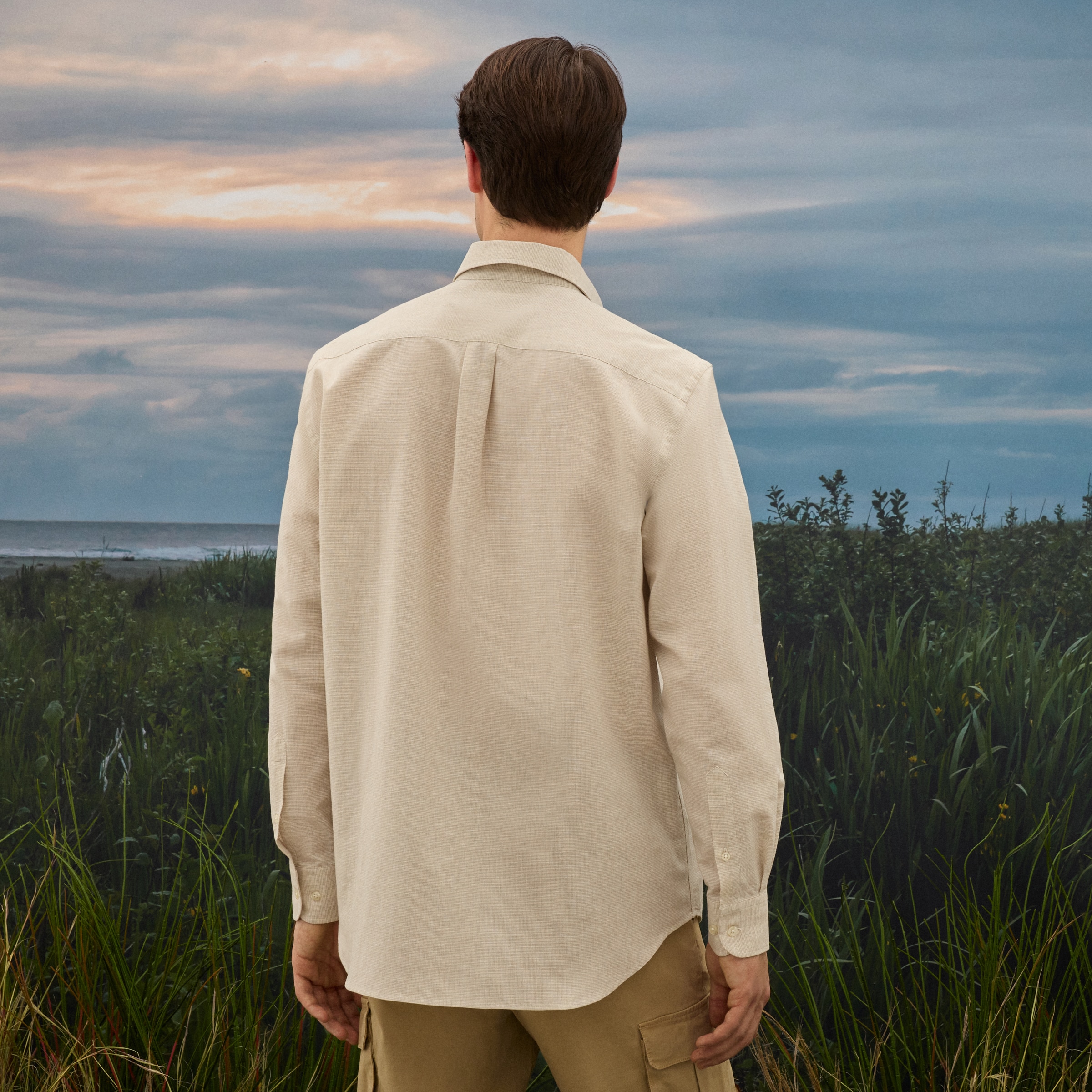 Camisa de Linho de Homem com Pied-de-Poule Bege-3