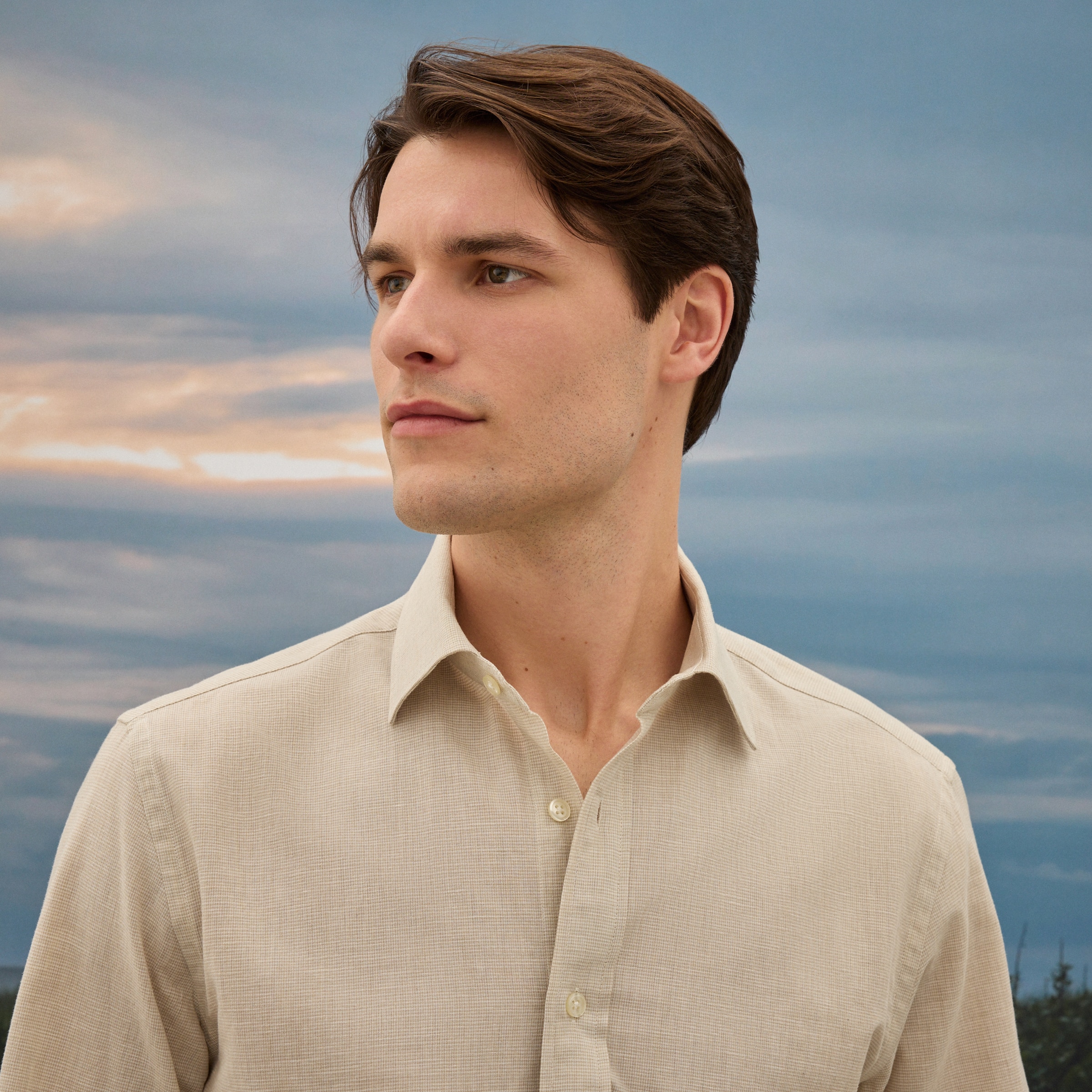Camisa de Linho de Homem com Pied-de-Poule Bege-4