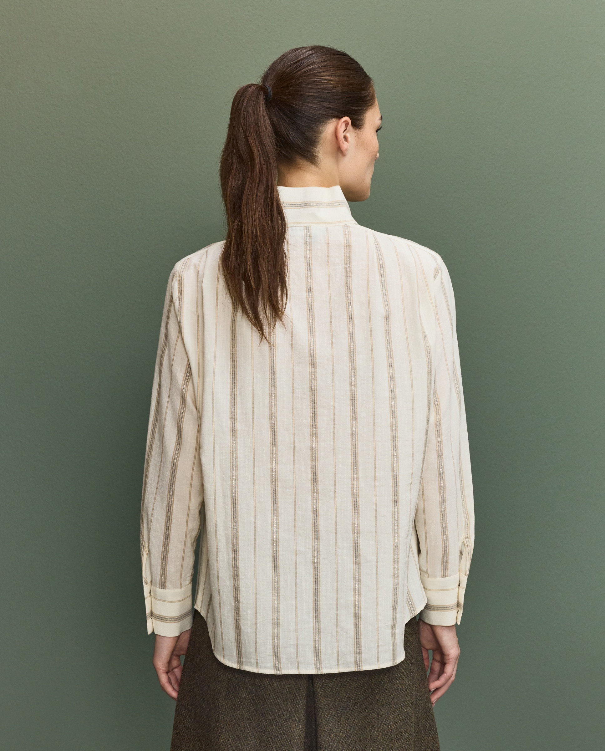 Camisa às Riscas de Fio Metalizado de Mulher Cru-3