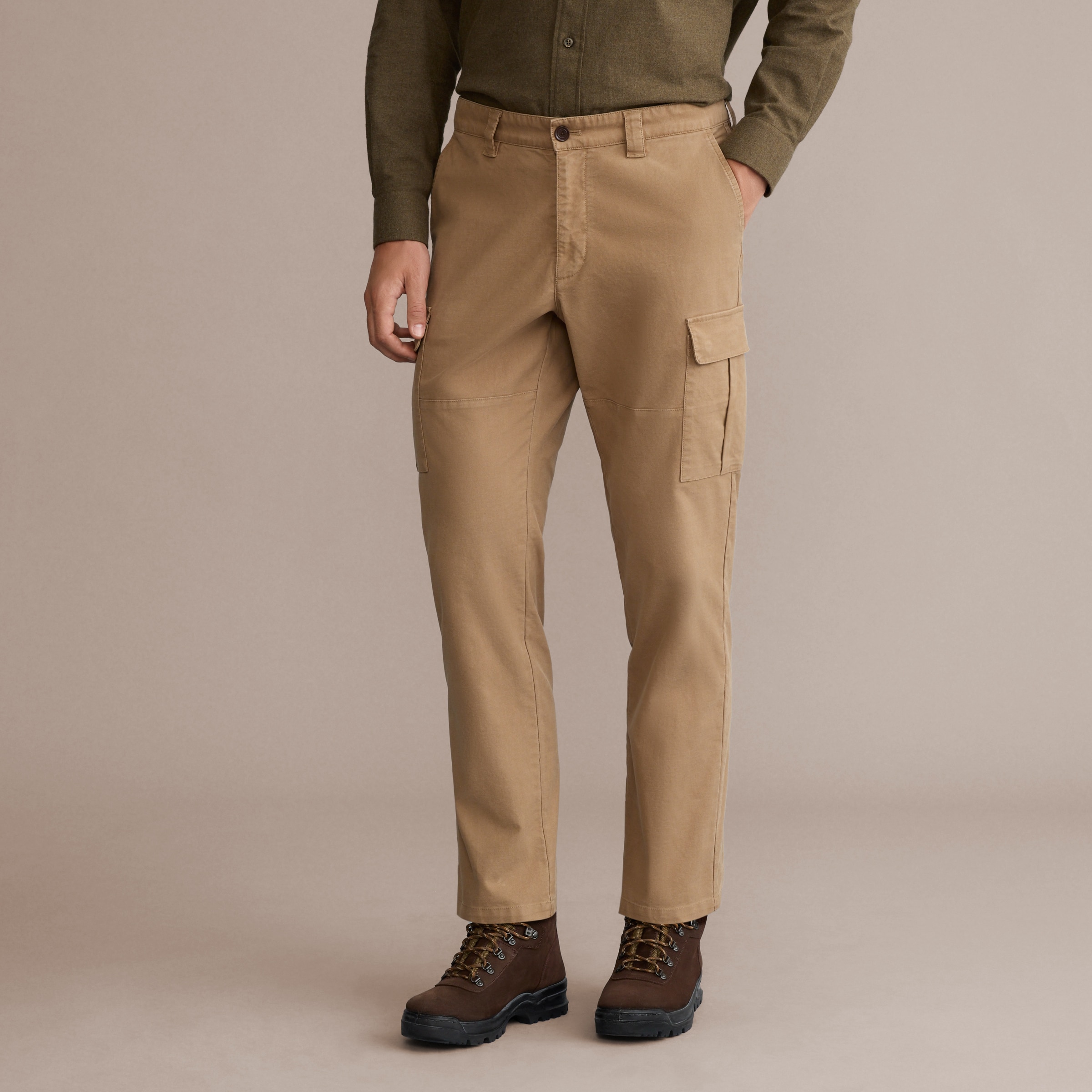 Calças Cargo de Algodão de Homem Bege-3