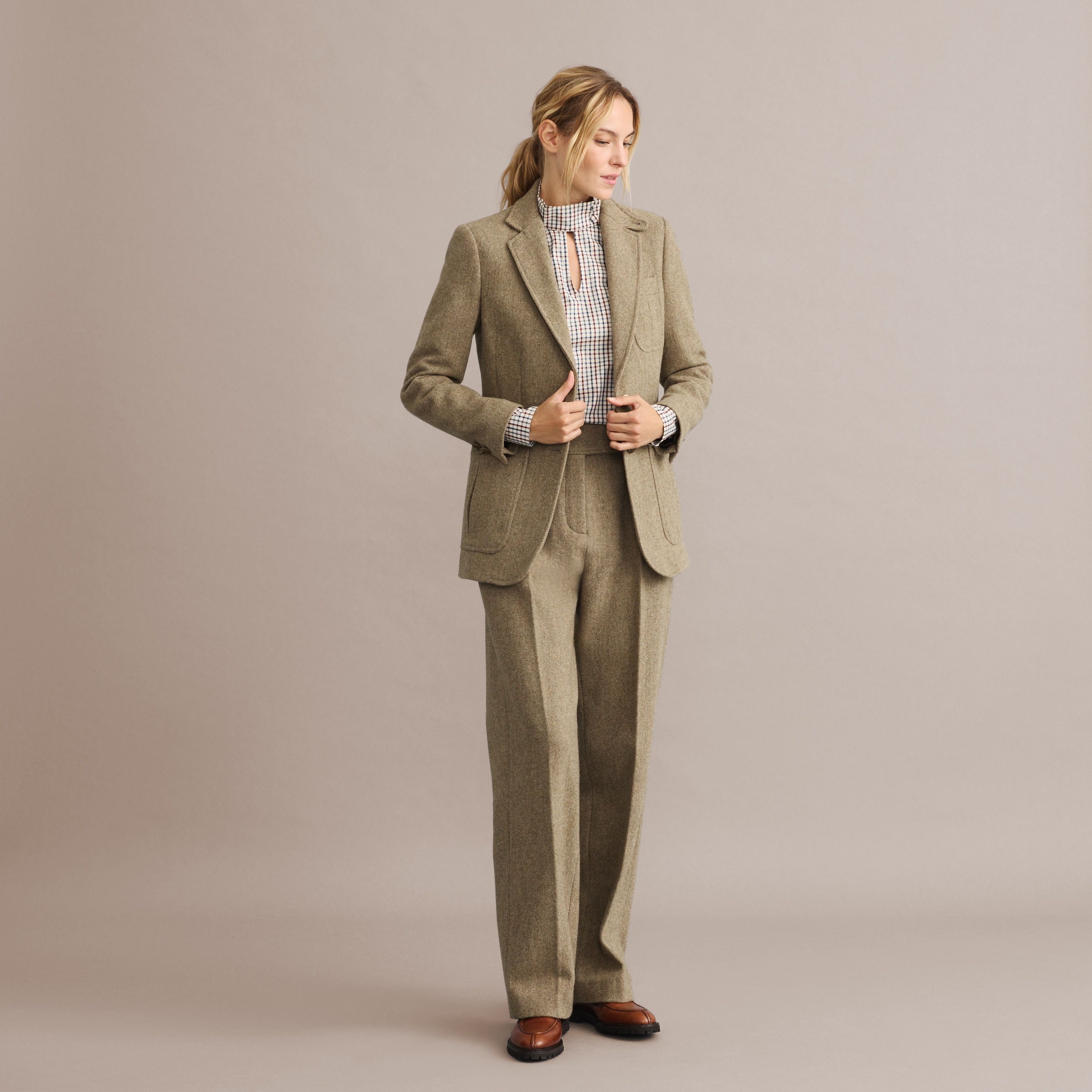 Calças Tweed Básicas de Mulher Verde Água-2