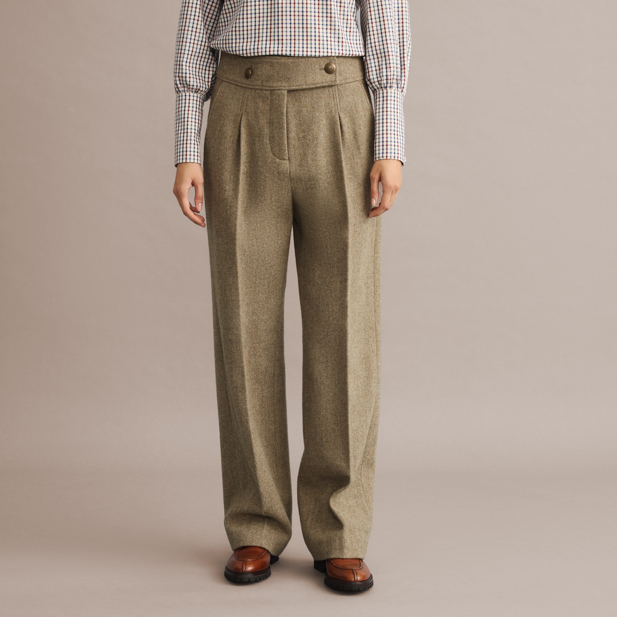 Calças Tweed Básicas de Mulher Verde Água-3