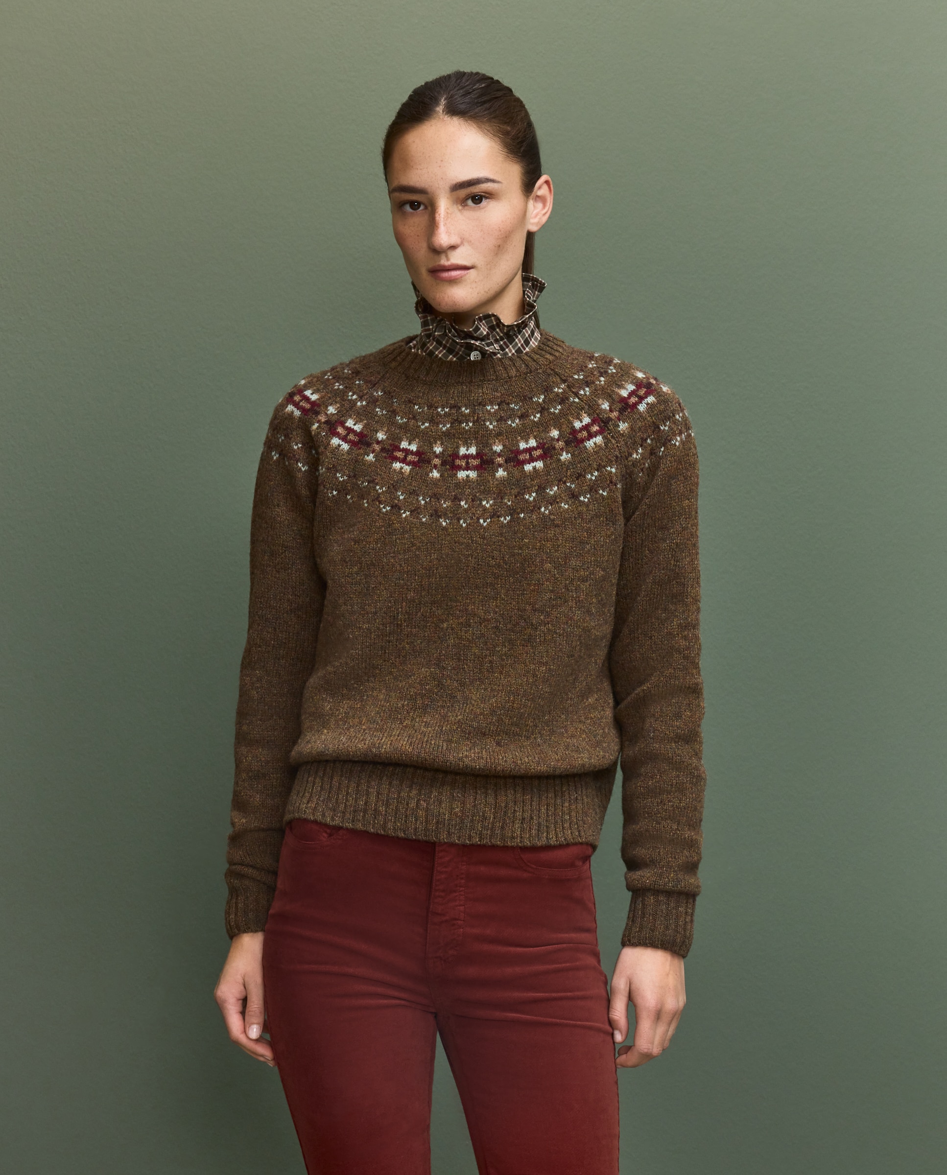 Verhunt Jersey de mujer con cuello caja y estampado greca Verde