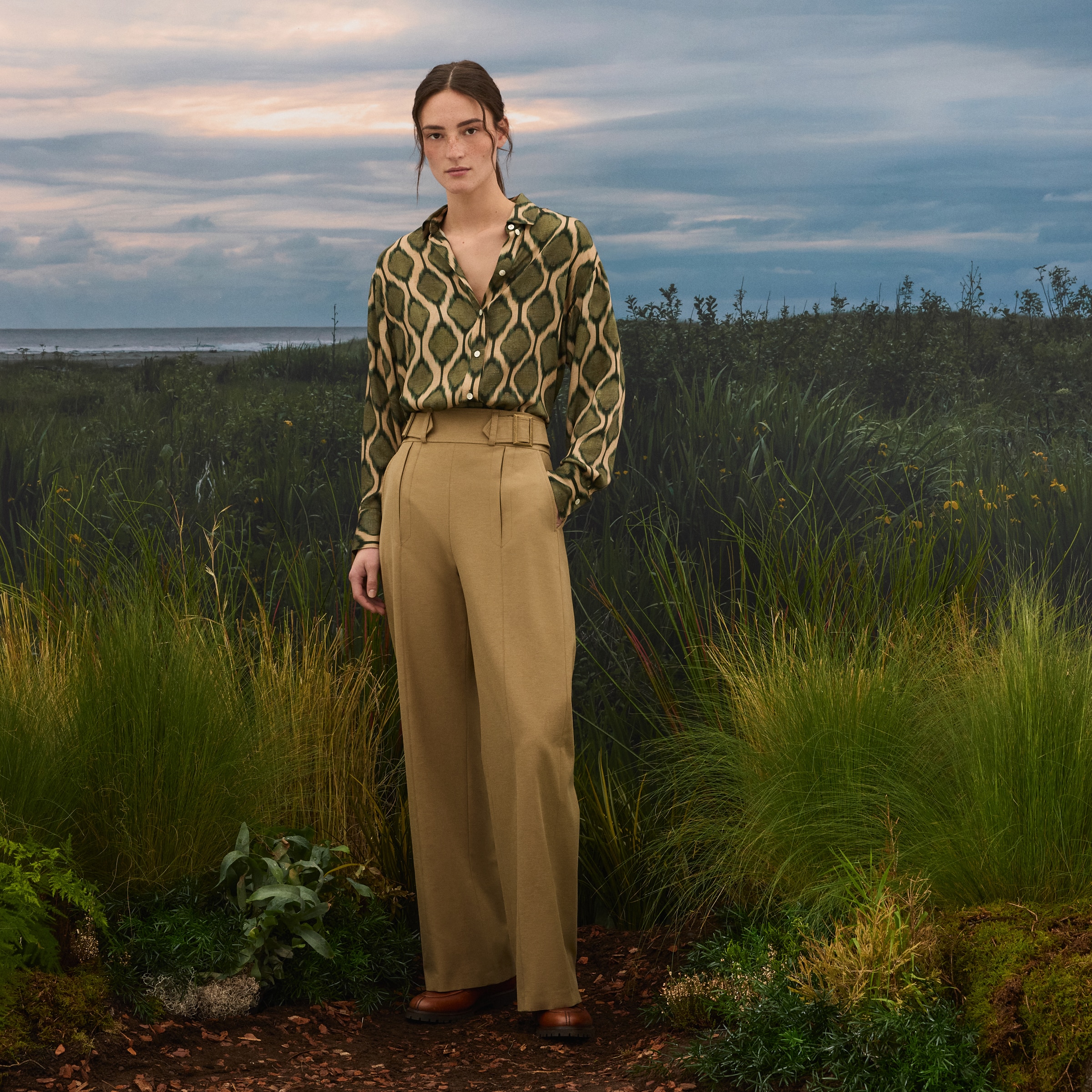 Calças Tencel de Mulher com Fivelas Amarelo-1