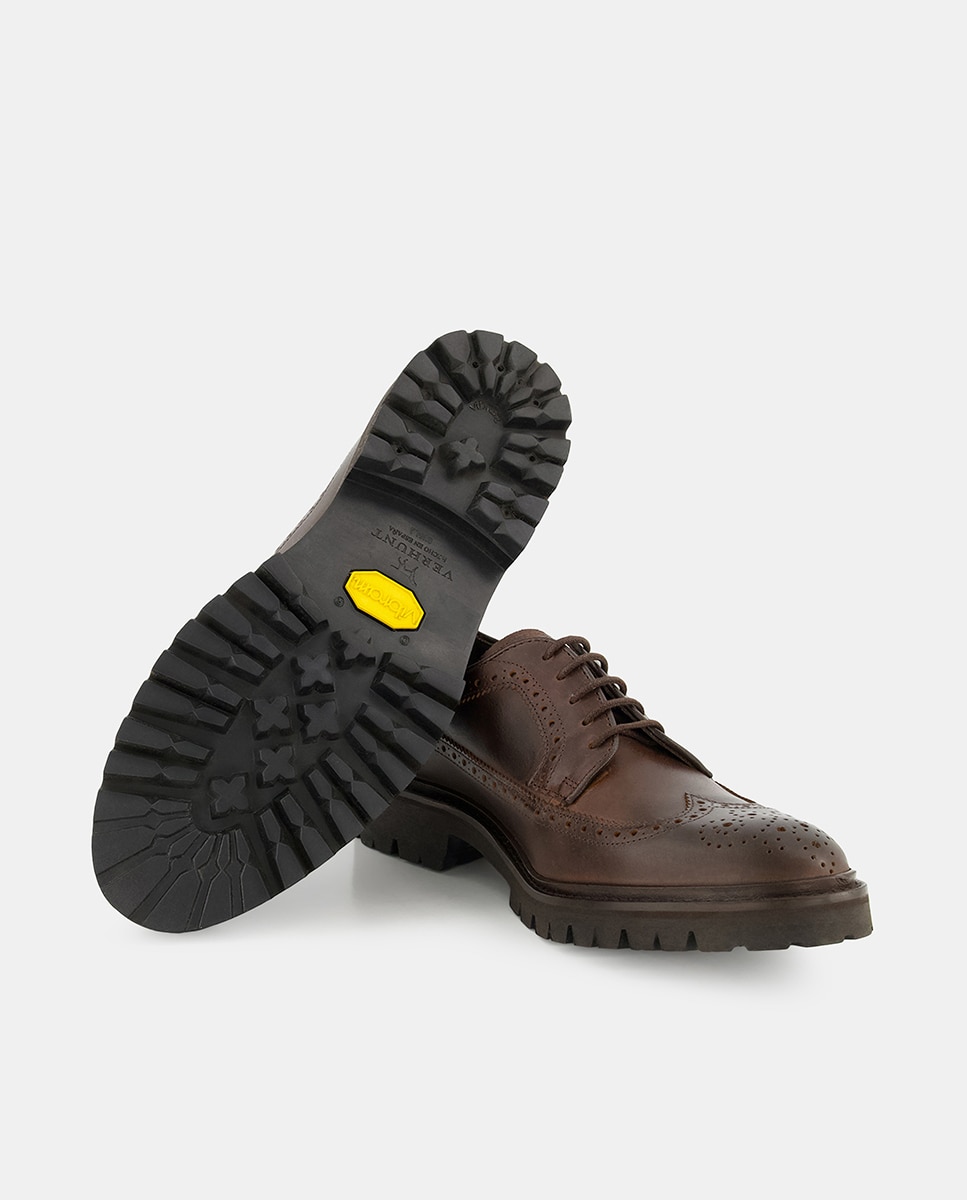 Sapatos Perfurados com Atacadores em Pele Encerada Castanho-2