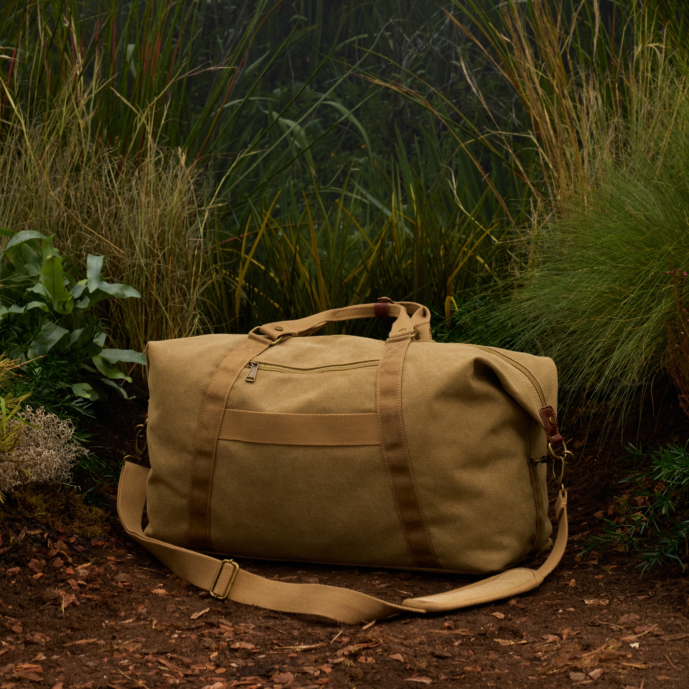 Saco de Viagem em Lona e Pele Bege-3