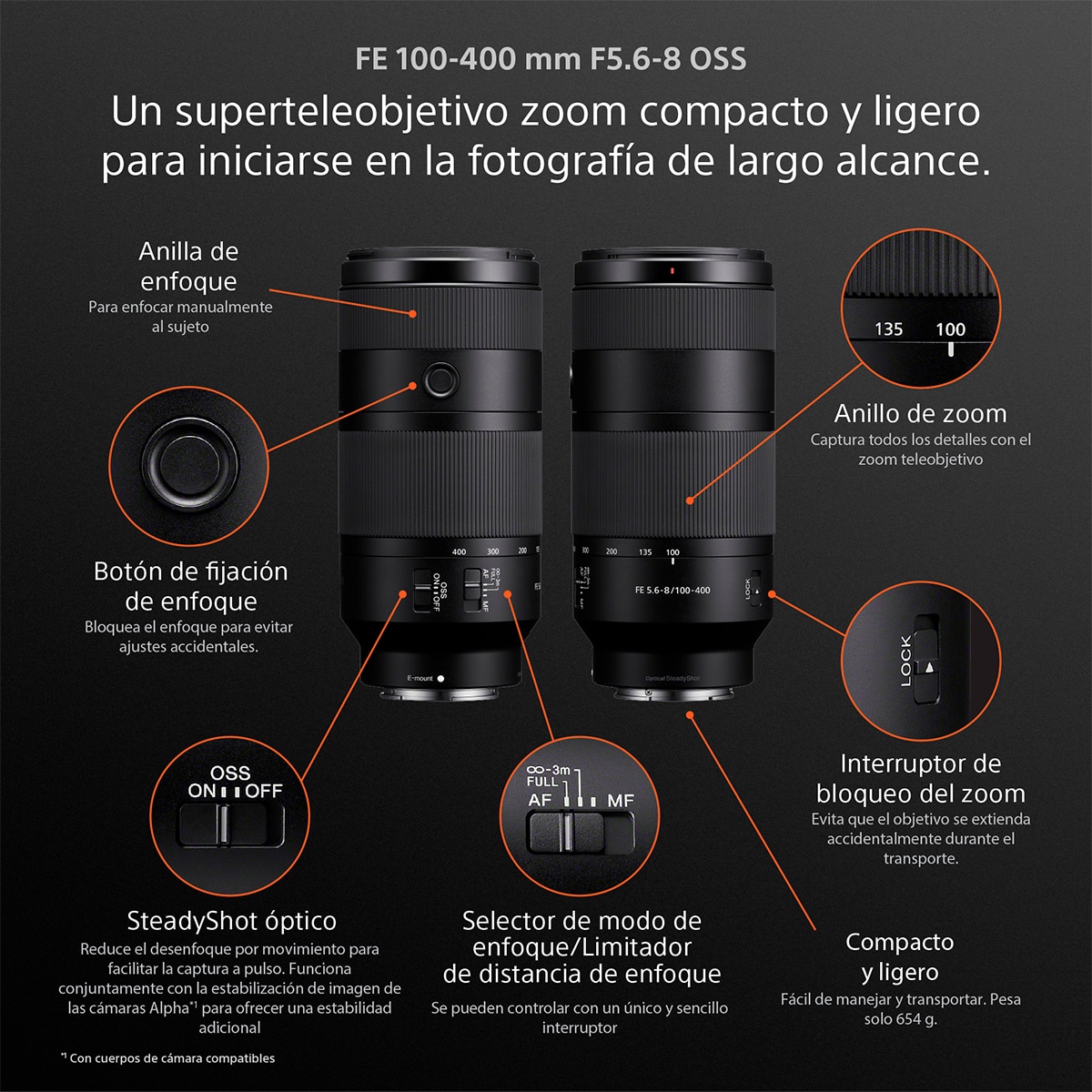 Objetivo Sony FE 100-400mm F5-6-8 OSS, full-frame para observación y fotografía de aves, safari, naturaleza, animales, deportes, viajes y urbana. Negro-9