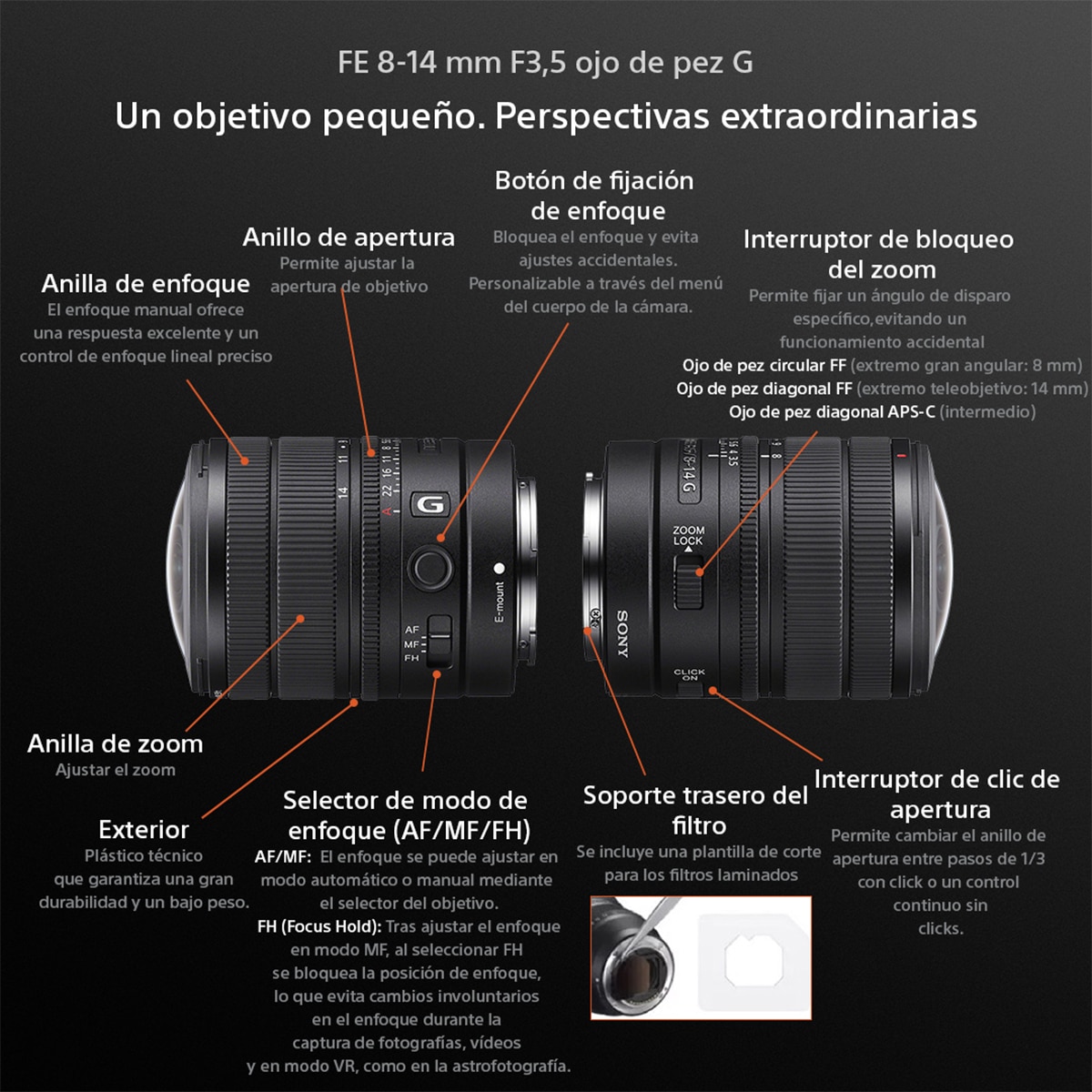 Objetivo Sony FE 8-14mm F3.5 Fisheye G, objetivo full-frame para fotografía de paisajes, urbana, arquitectura, viajes, acción, deportes y gran angular - Negro Negro-3