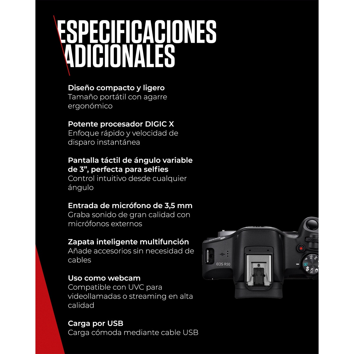 Cámara Evil Canon EOS R50 con Objetivo RF-S 18-45mm F4.5-6.3 IS STM + Kit para Videoblogueros Negro-9