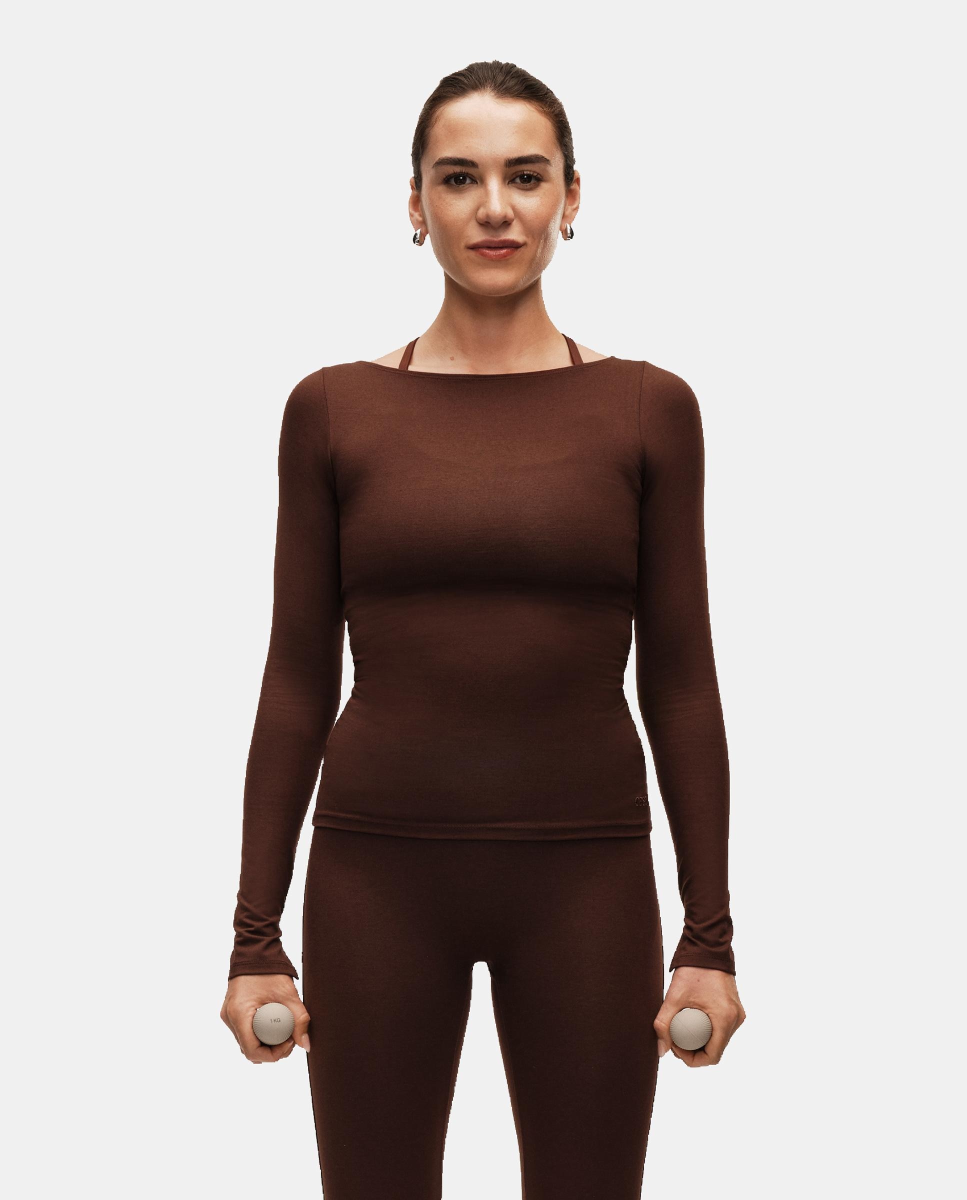 Camiseta de Yoga y Pilates de Mujer Casall Sublime Boatneck Long Sleeve CASALL - Marrón oscuro Marrón oscuro-1