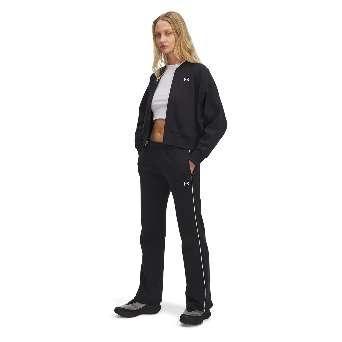 Calças de Mulher UA Rival Flc Piped Pant Preto-4