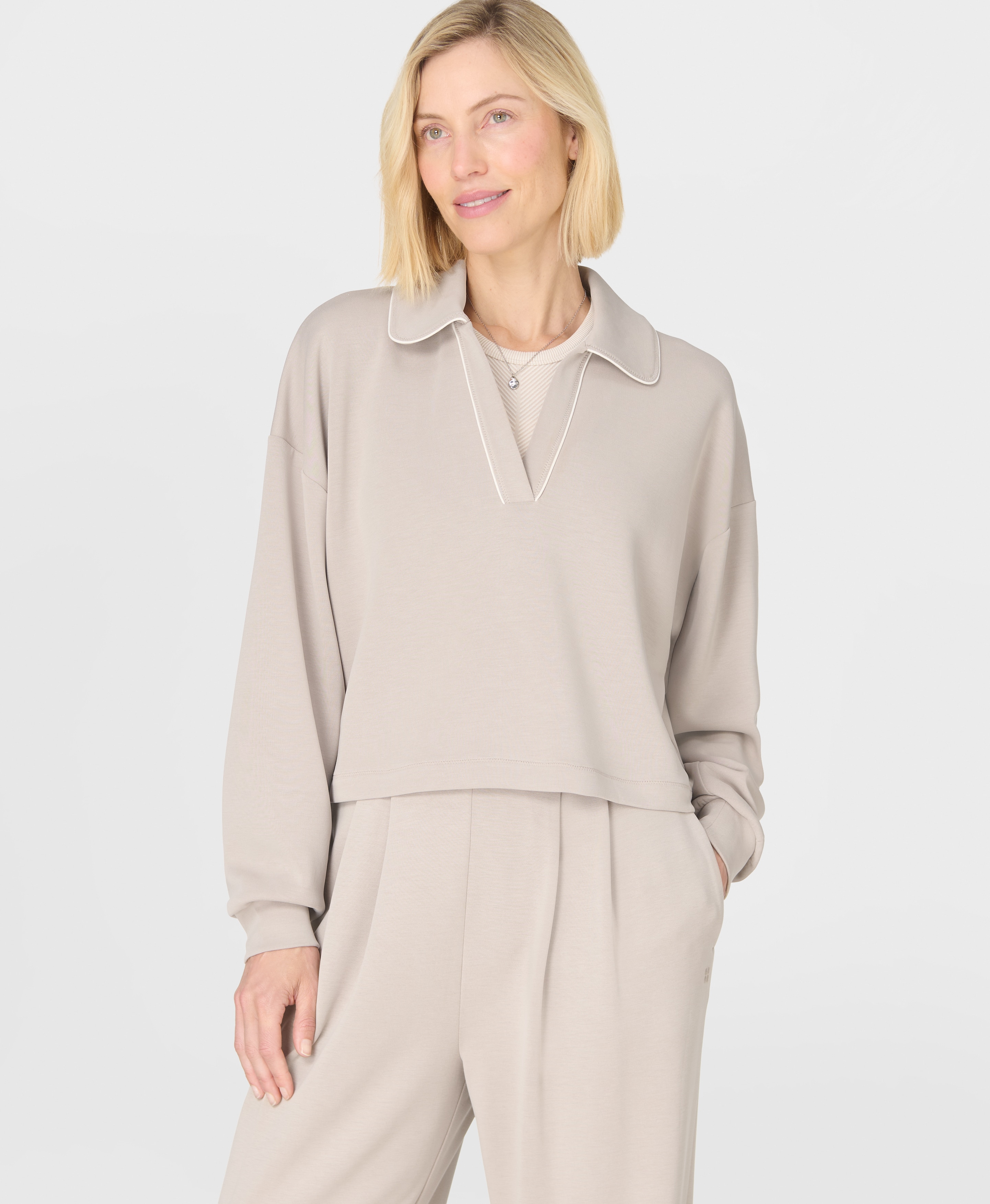 Sweatshirt de Mulher Sand Wash Crop Henley Sweatshirt Bege-5