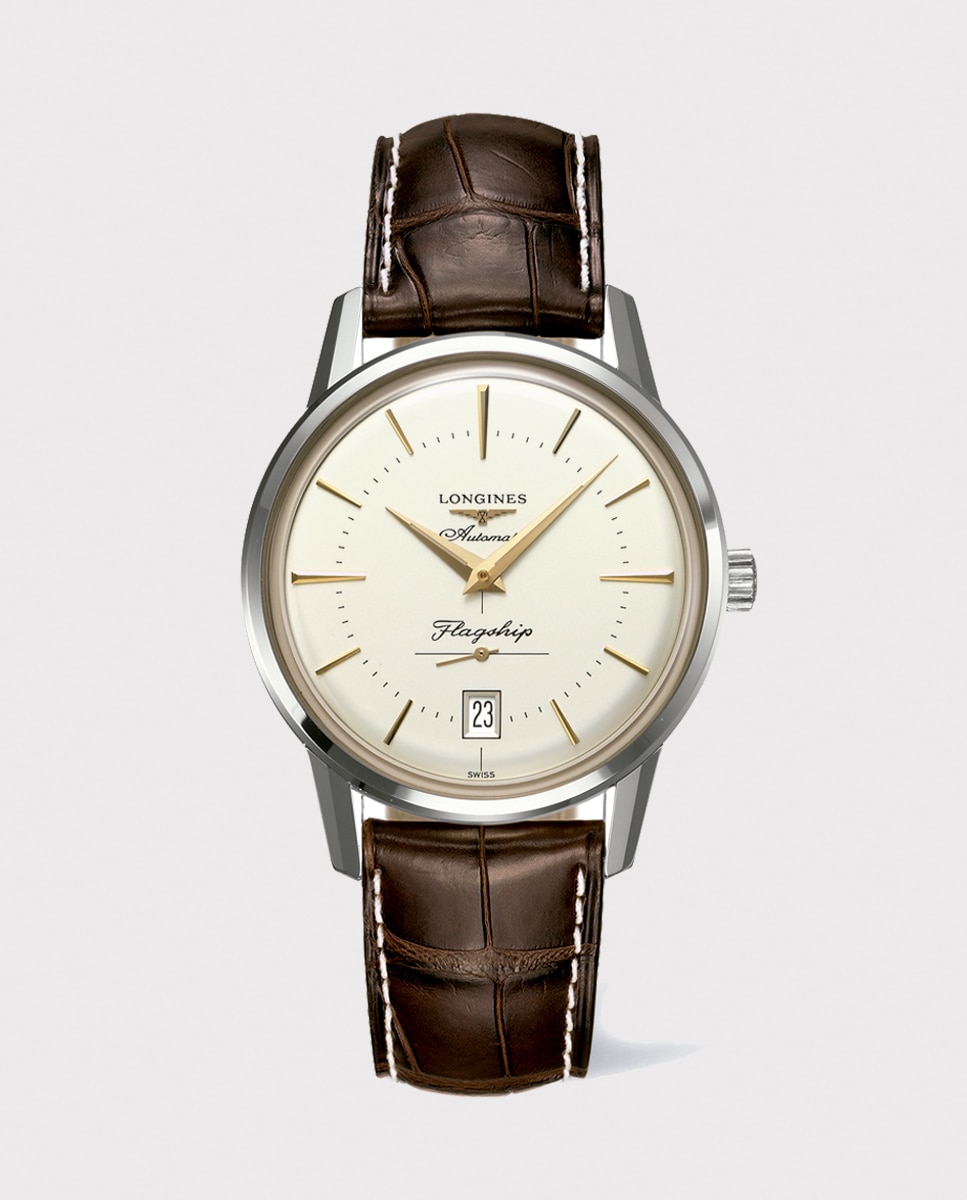 Reloj de hombre Heritage L47954782 Flagship de piel marrón Crema Longines Crema-1